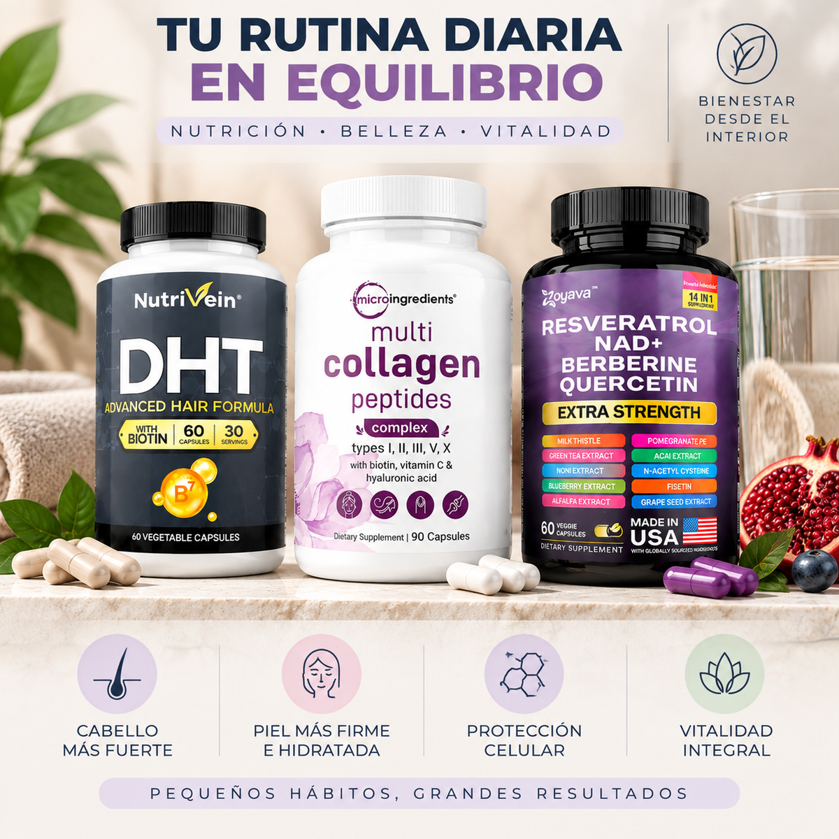 Zivanne, Kit Triplo Anti-Edad Capilar y Longevidad Celular, Micro Ingredients Multi Collagen + Nutrivein Hair Formula + Zoyava Resveratrol, Set de 3 Piezas