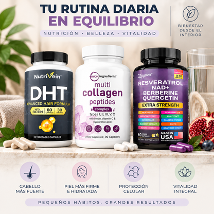 Zivanne, Kit Triplo Anti-Edad Capilar y Longevidad Celular, Micro Ingredients Multi Collagen + Nutrivein Hair Formula + Zoyava Resveratrol, Set de 3 Piezas
