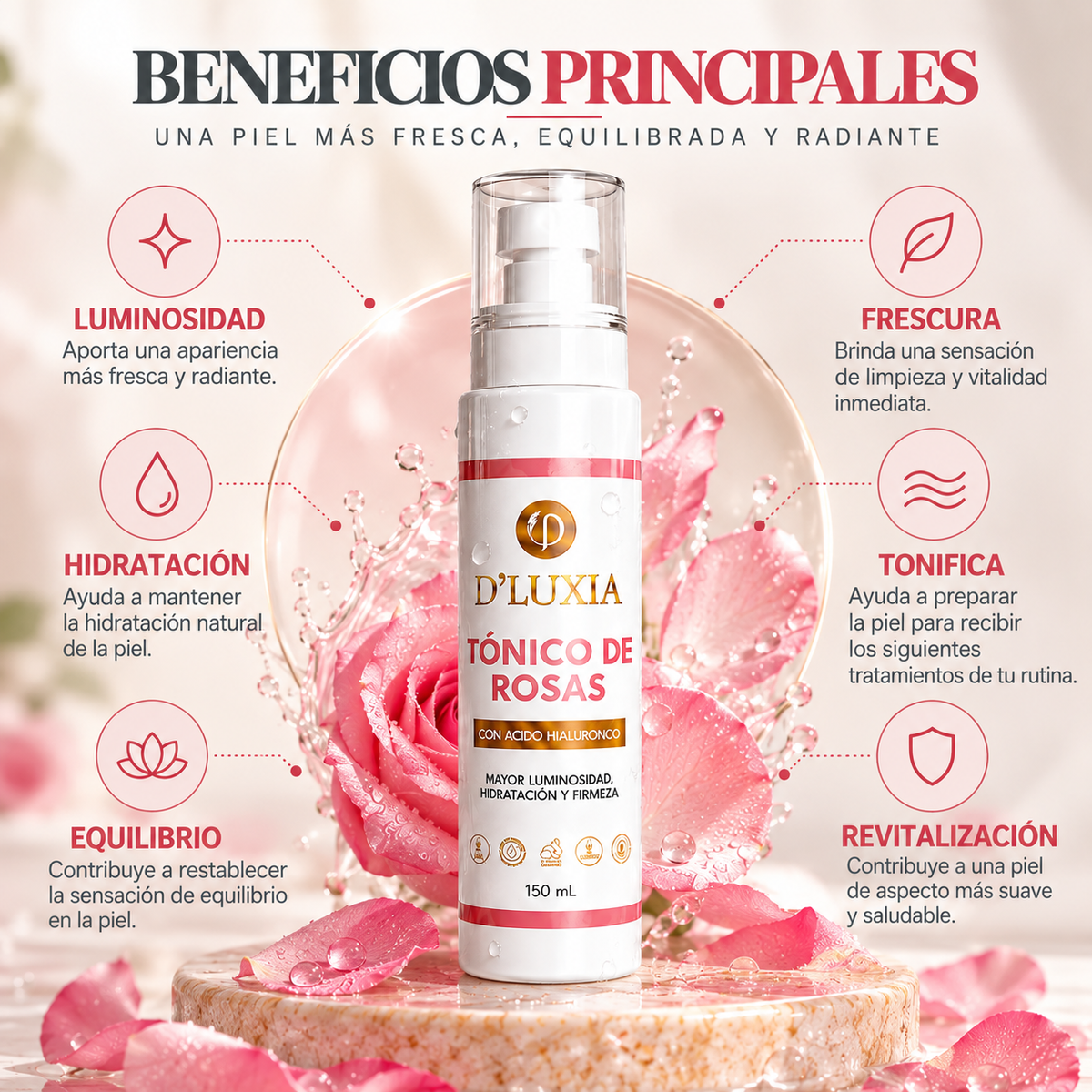 D'LUXIA, Tónico de Rosas Facial, Equilibrio, Frescura y Revitalización, 150 ml