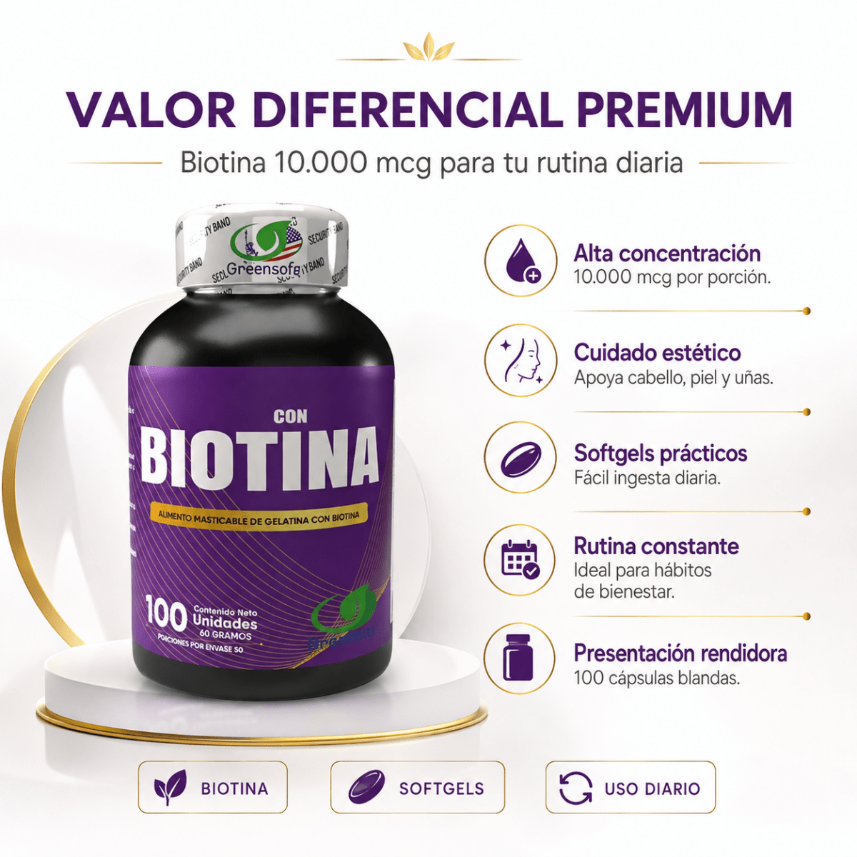 Biotina 10.000 mcg Greensofg (100 Cápsulas Blandas) - Zivanne