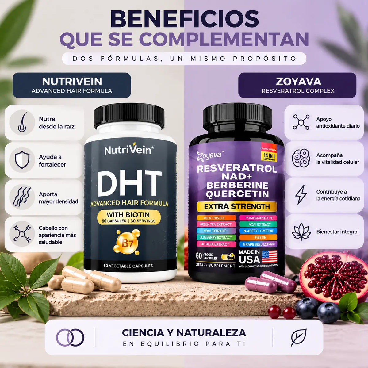 Zivanne, Kit Vitalidad Capilar y Longevidad Celular, Nutrivein Hair Formula + Zoyava Resveratrol Complex, Set de 2 Piezas