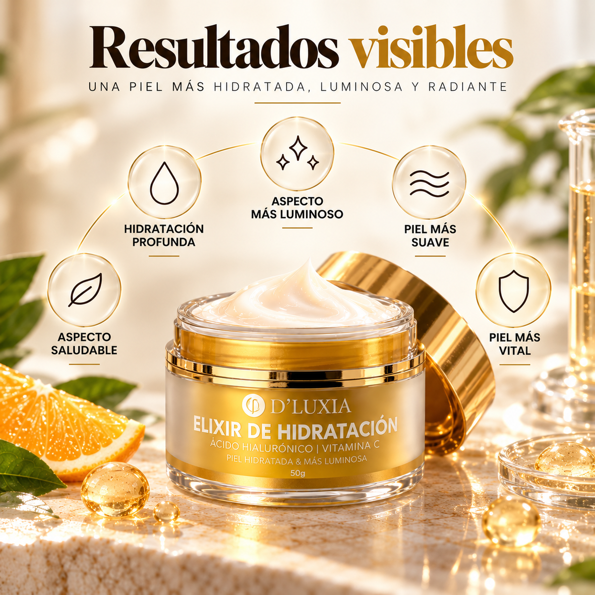 D'LUXIA, Elixir de Hidratación Facial con Ácido Hialurónico y Vitamina C, Piel Luminosa y Radiante, 50 g