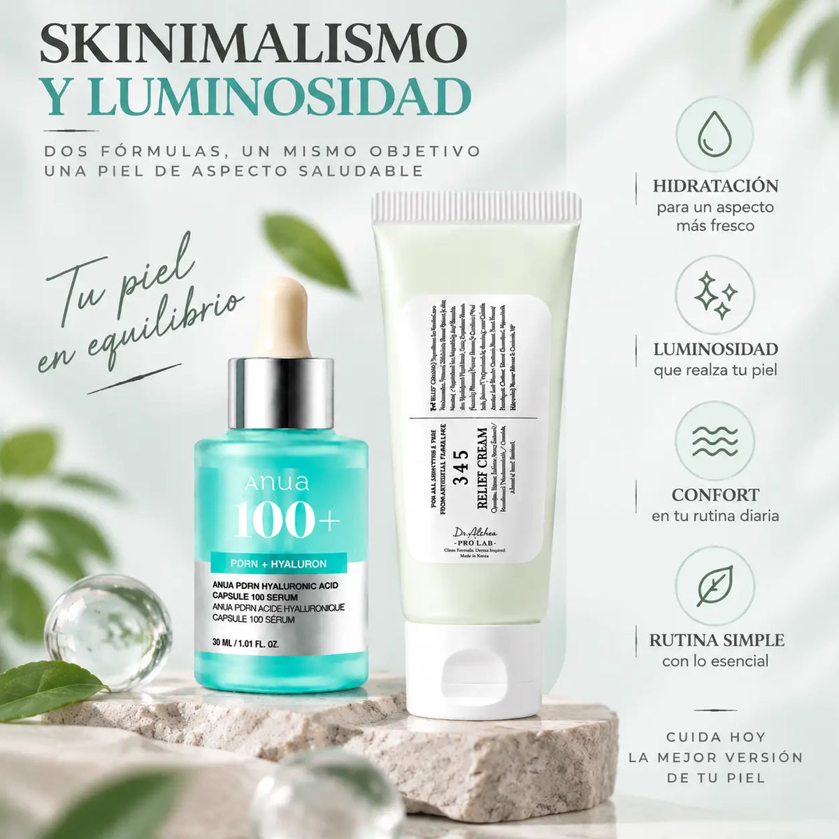 Zivanne, Dúo Skinimalismo y Luminosidad, Anua PDRN Hyaluronic Serum 30ml + Dr. Althea 345 Relief Cream 60ml, Kit de 2 Piezas