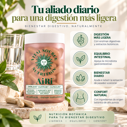 Vital Source Nutrition, AiRi Debloat Support Capsules, Suplemento Alimenticio Digestivo, 60 Cápsulas