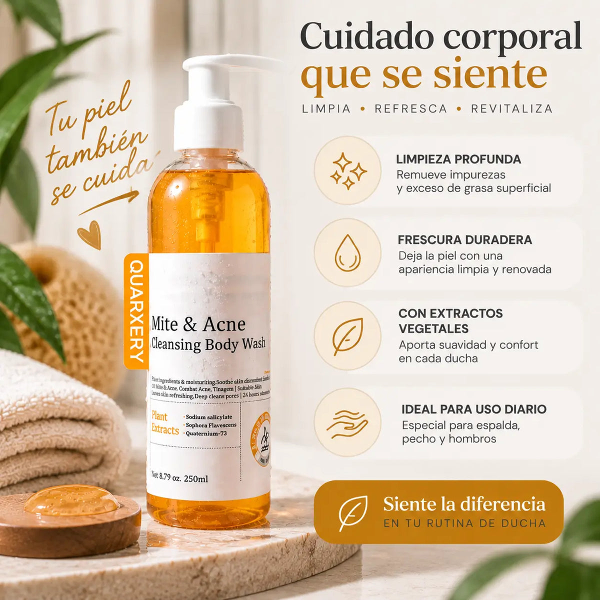 Quarxery, Gel de Baño Corporal Purificante y Limpiador, 250 ml