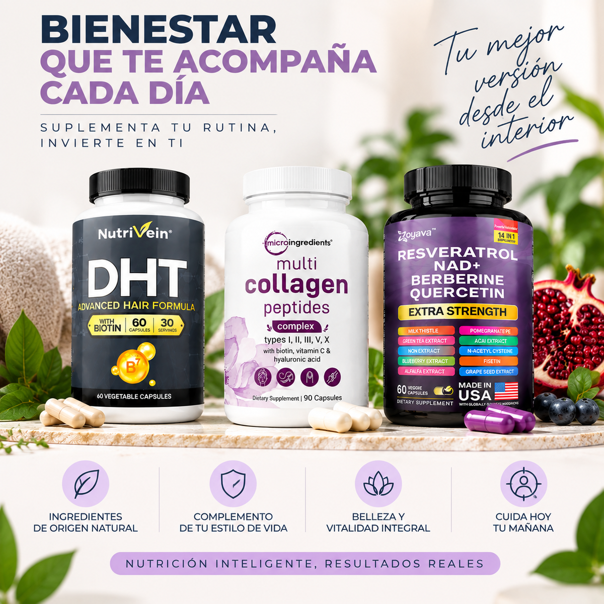 Zivanne, Kit Triplo Anti-Edad Capilar y Longevidad Celular, Micro Ingredients Multi Collagen + Nutrivein Hair Formula + Zoyava Resveratrol, Set de 3 Piezas