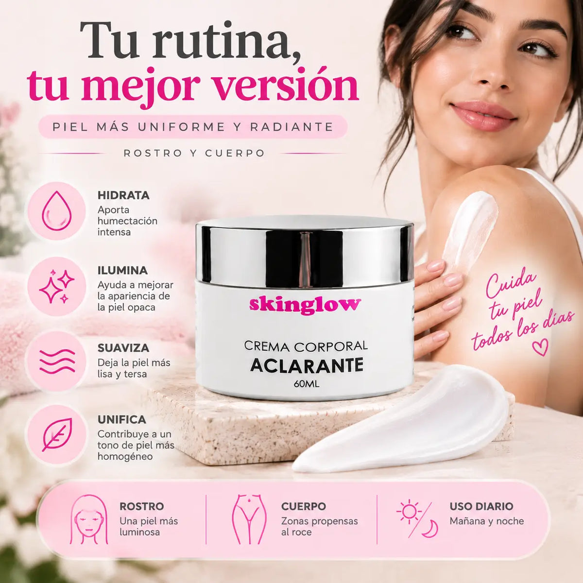 SkinGlow, Crema Facial y Corporal Iluminadora, Unificadora del Tono, 60 ml