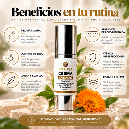 D'LUXIA, Crema Facial Anti-Acné y Control de Sebo, Niacinamida, Zinc PCA y Ácido Salicílico, 30 ml