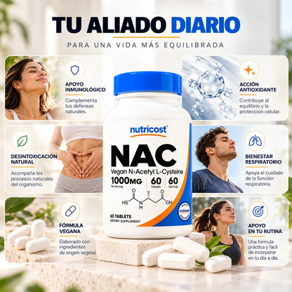 Nutricost, Vegan NAC N-Acetyl L-Cysteine 1000 mg, Suplemento Alimenticio Antioxidante, 60 Tabletas