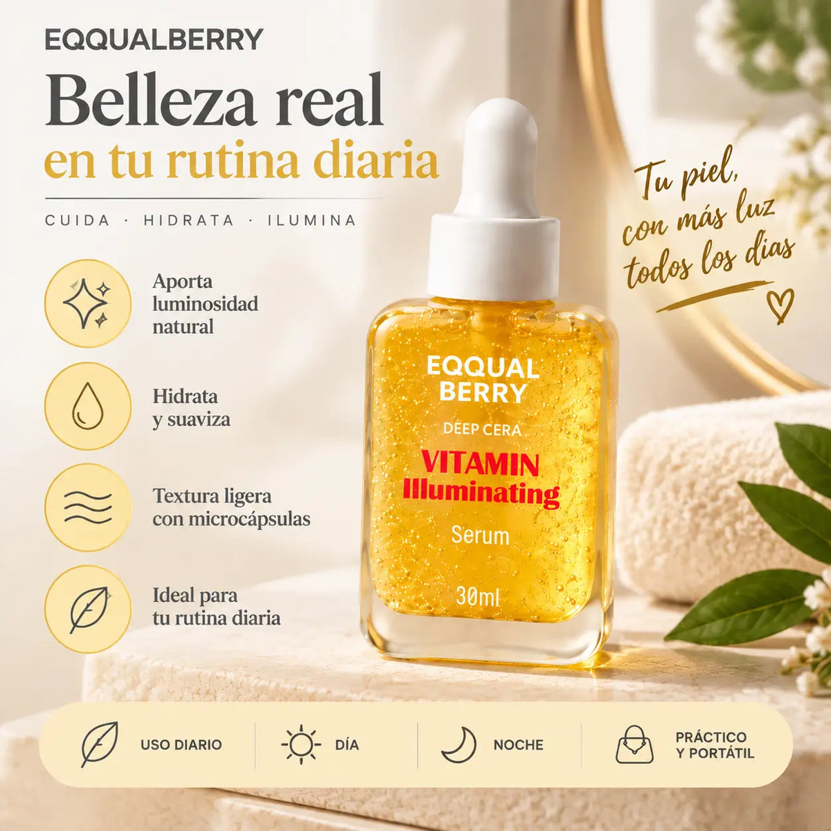 EQQUALBERRY, Deep Cera Vitamin Illuminating Serum, Sérum Facial Iluminador, 30 ml