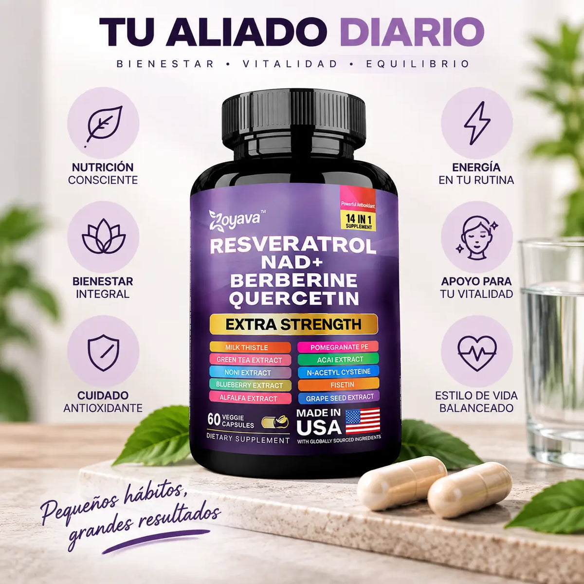 Zoyava, Resveratrol Complex Extra Strength, Suplemento Alimenticio Antioxidante, 60 Cápsulas