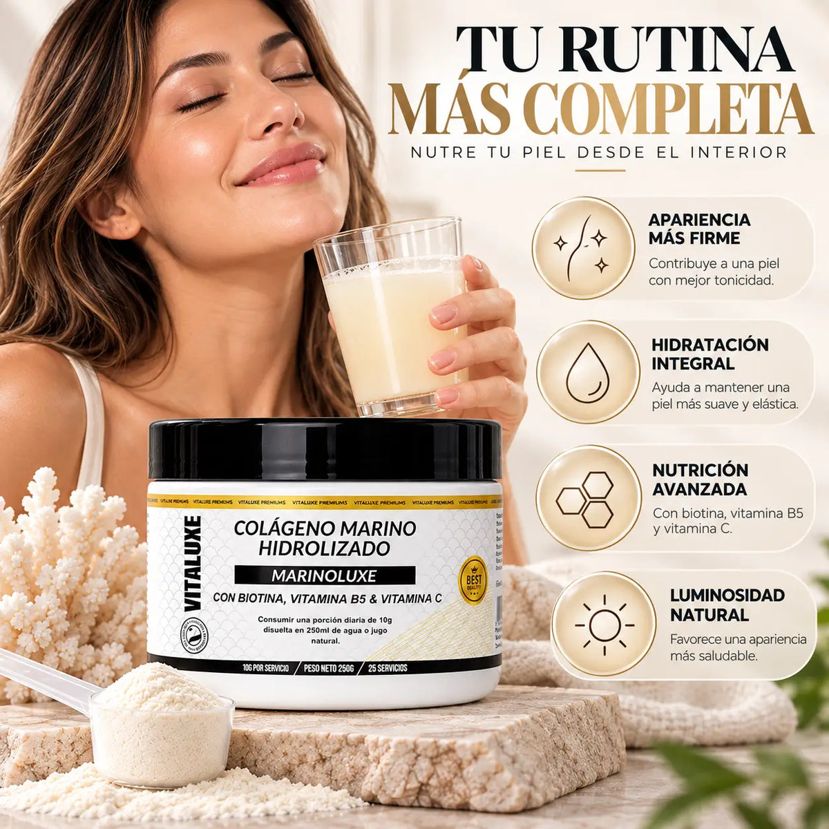 Vitaluxe, Colágeno Marino Hidrolizado Marinoluxe, Suplemento Nutricional con Biotina y Vitaminas, 250 g
