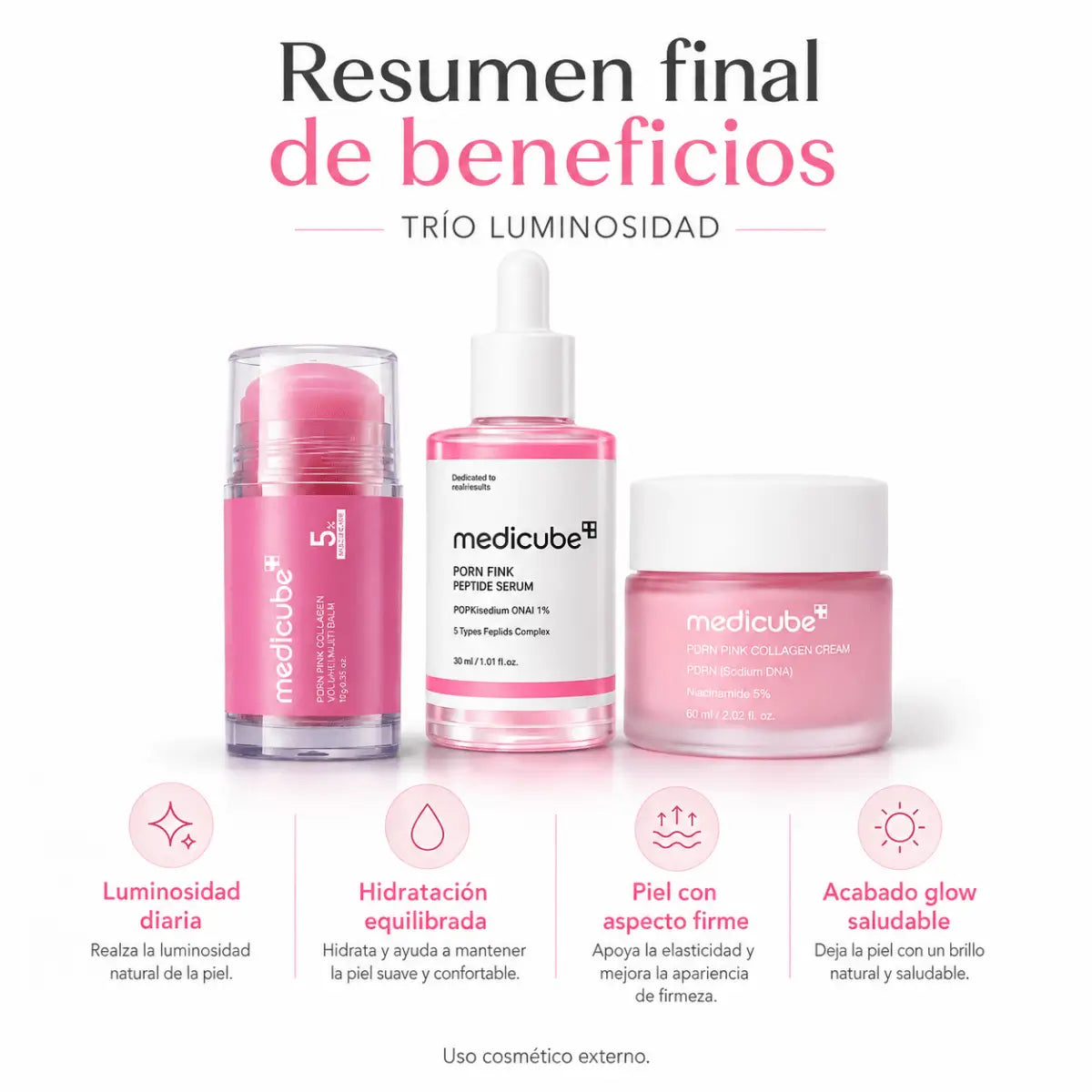 Kit Facial Medicube PDRN Pink: Sérum + Crema + Stick – Trío Luminosidad - Zivanne