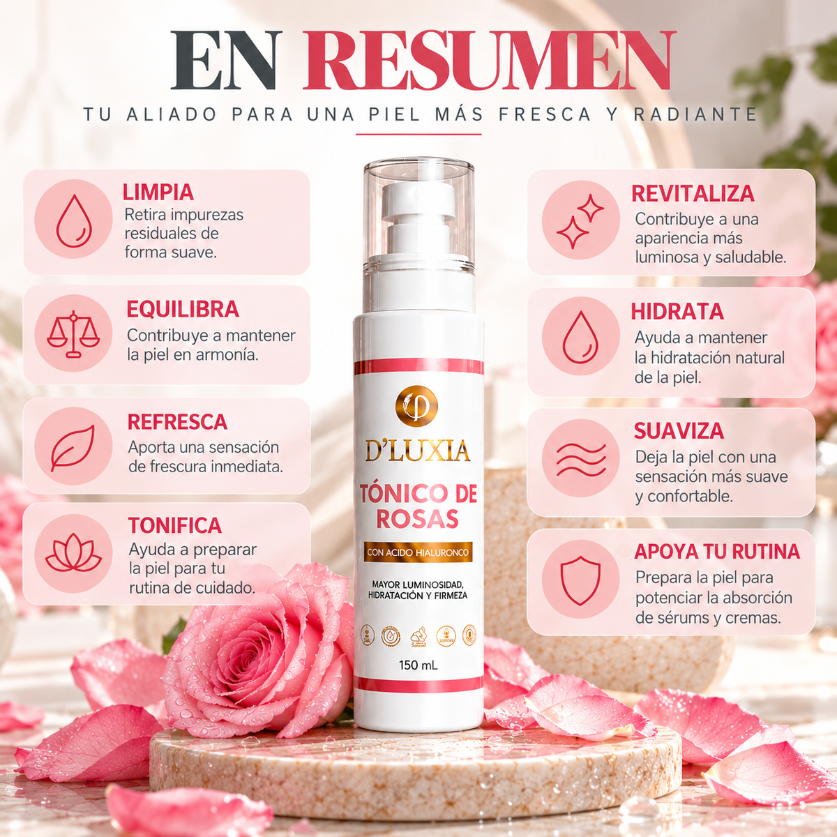 D'LUXIA, Tónico de Rosas Facial, Equilibrio, Frescura y Revitalización, 150 ml
