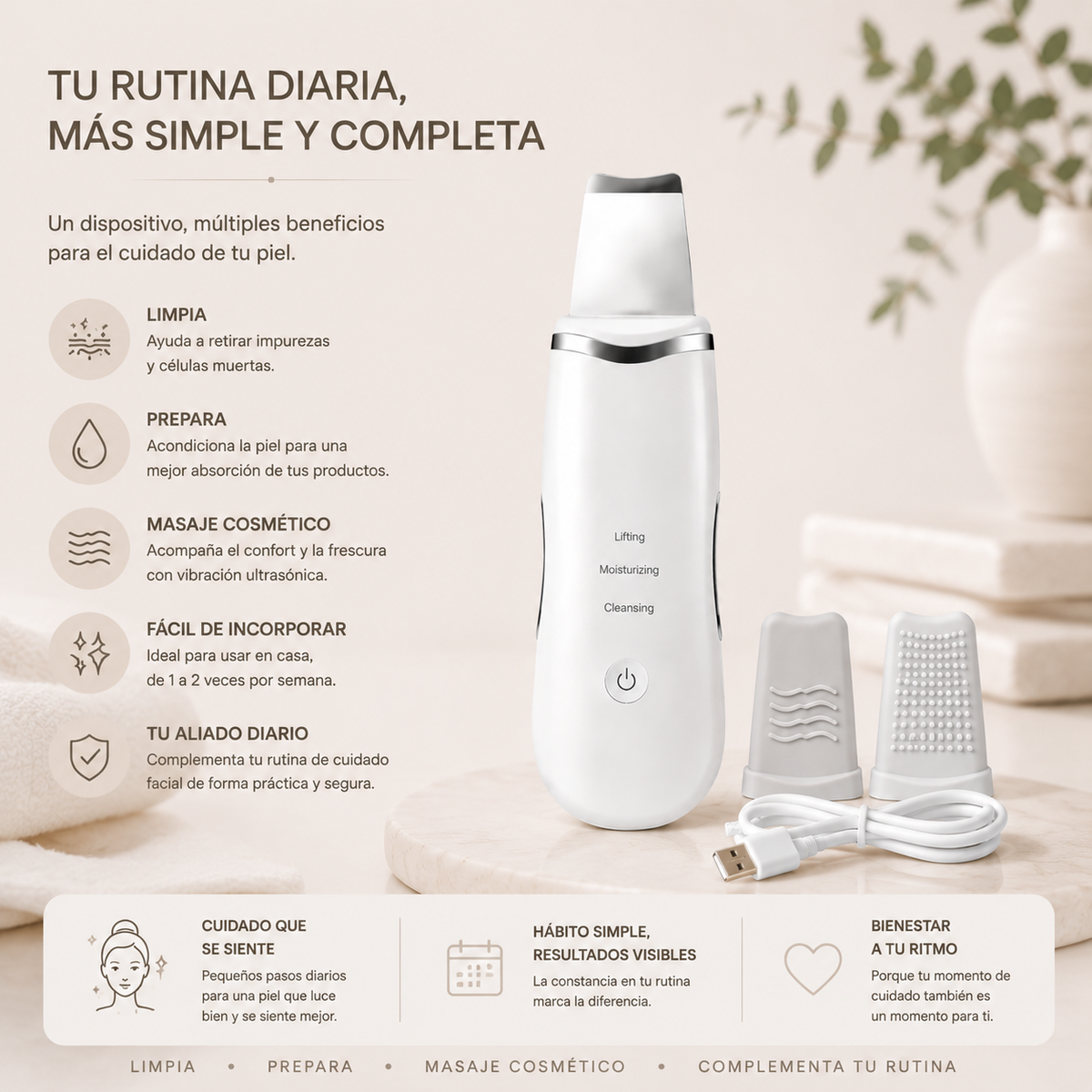 Zivanne, Espátula Facial Ultrasónica Portátil, Dispositivo Cosmético de Higiene y Masaje, 1 Unidad