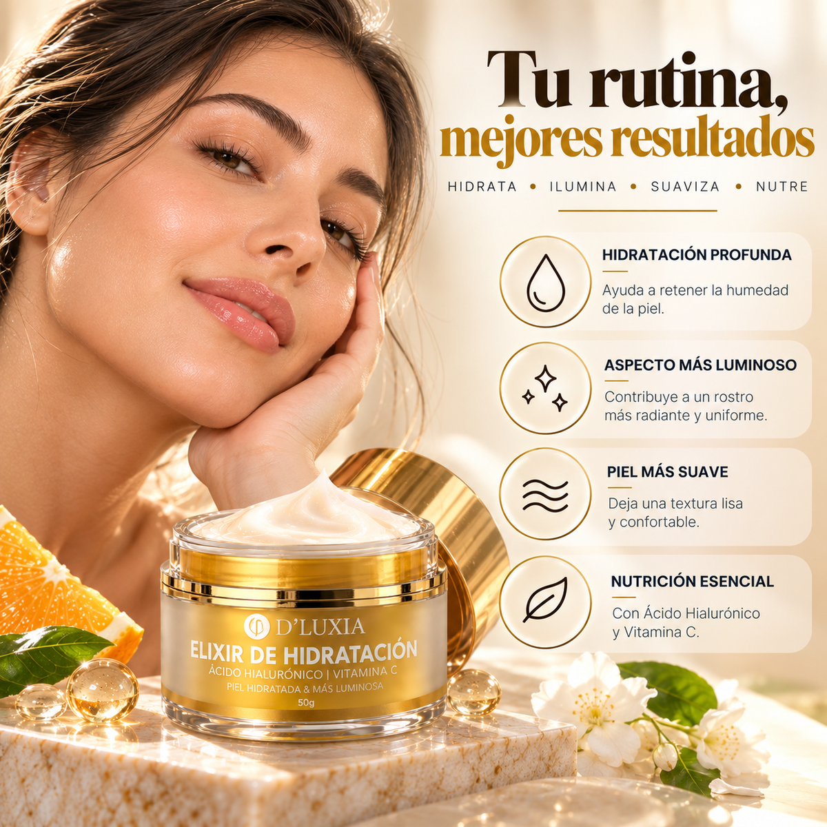D'LUXIA, Elixir de Hidratación Facial con Ácido Hialurónico y Vitamina C, Piel Luminosa y Radiante, 50 g