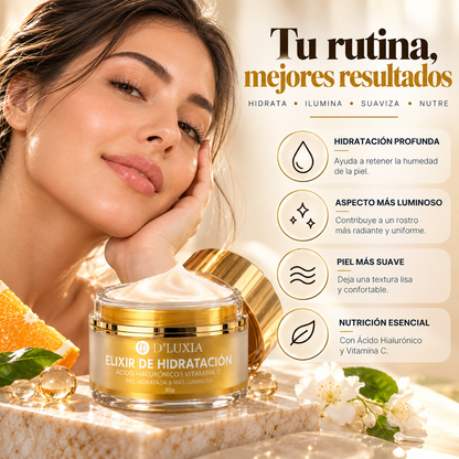 D'LUXIA, Elixir de Hidratación Facial con Ácido Hialurónico y Vitamina C, Piel Luminosa y Radiante, 50 g