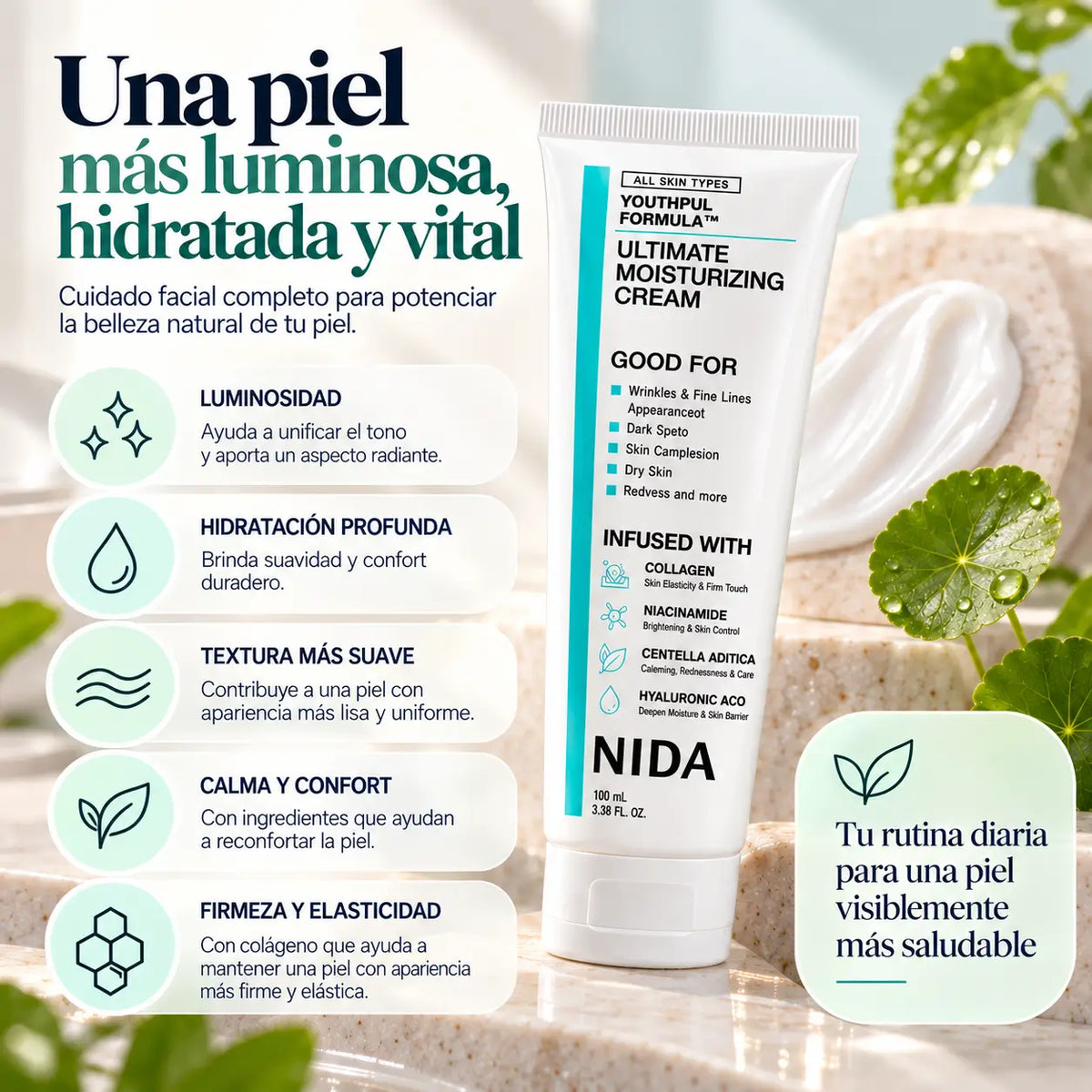 NIDA, Youthful Facial Cream, Crema Aclarante y Rejuvenecedora con Colágeno, Niacinamida y Centella Asiática, 100 ml