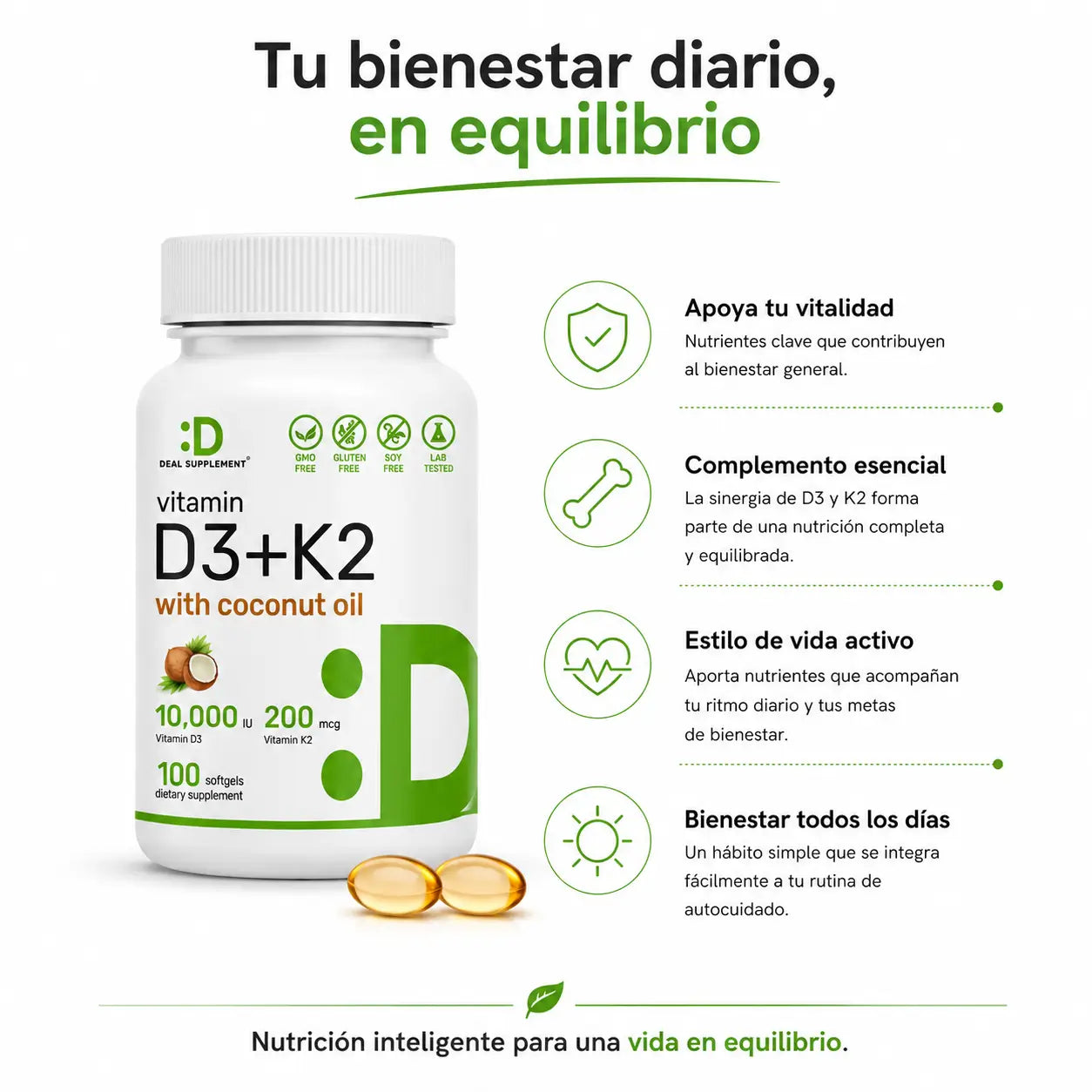 Vitamina D3 + K2 Deal Supplement (100 Softgels)