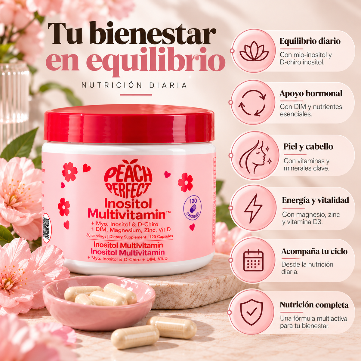 Peach Perfect, Inositol Multivitamin Complex, Suplemento Alimenticio Hormonal, 120 Cápsulas