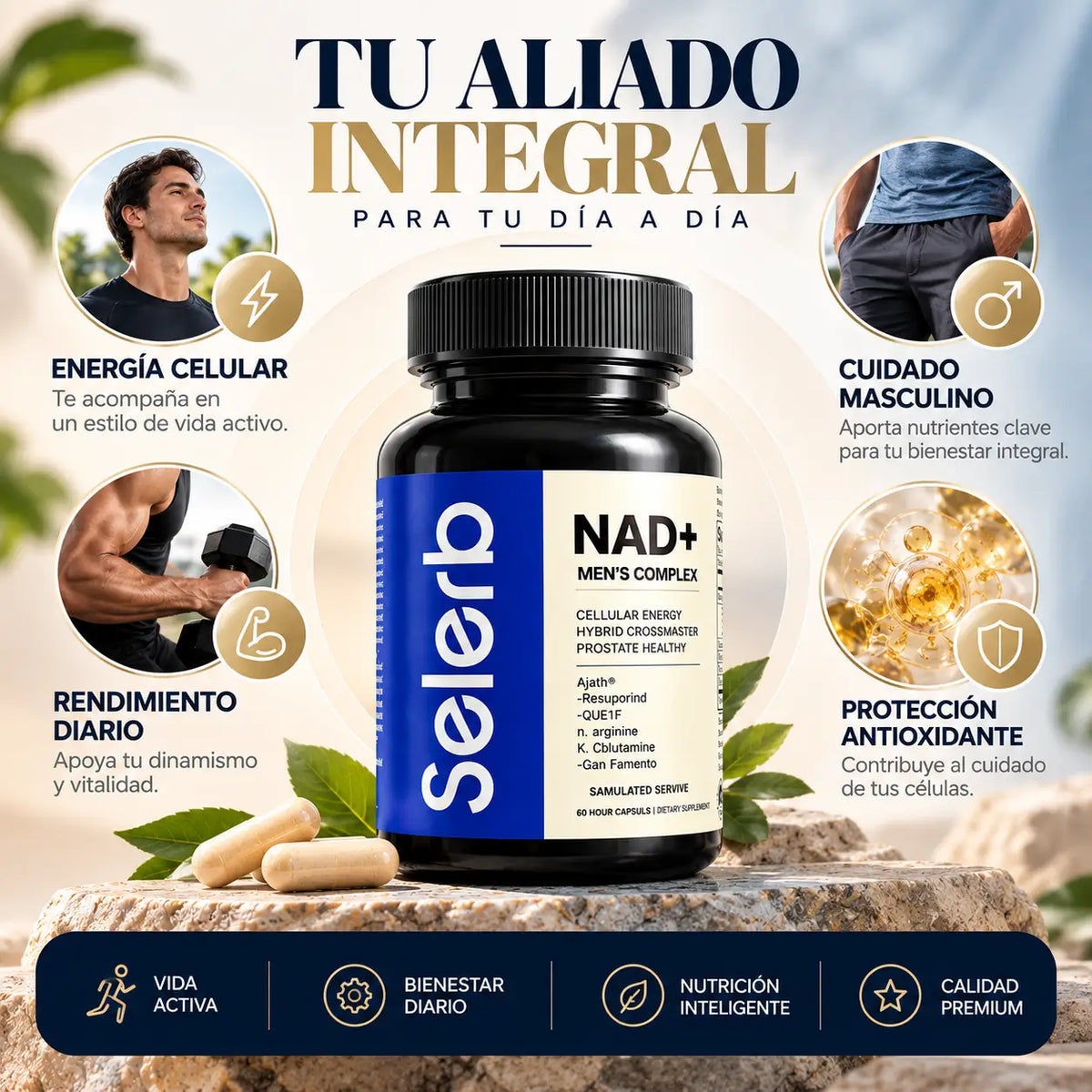 Selerb, NAD+ Men's Complex, Suplemento Alimenticio de Energía Celular y Salud Masculina, 60 Cápsulas