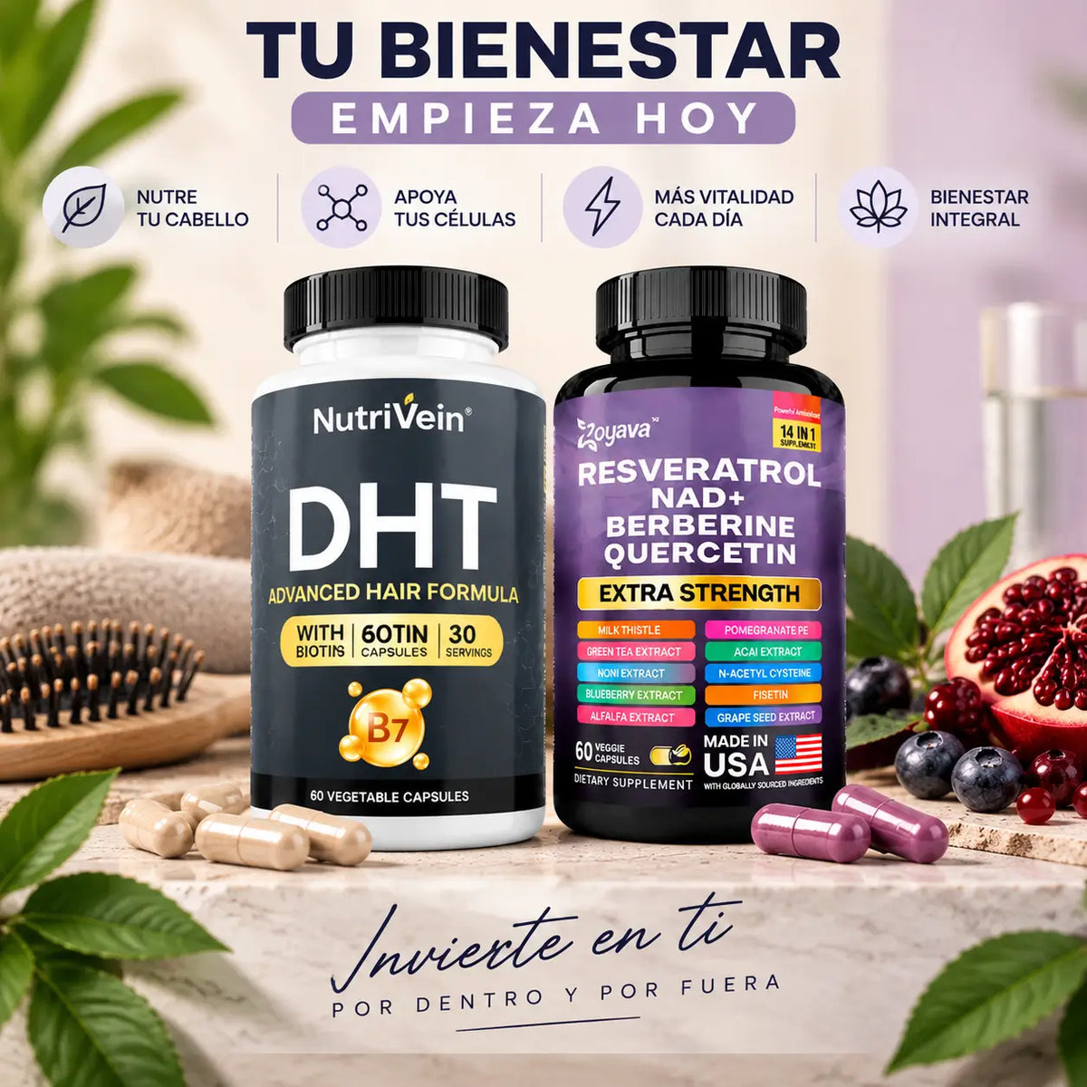 Zivanne, Kit Vitalidad Capilar y Longevidad Celular, Nutrivein Hair Formula + Zoyava Resveratrol Complex, Set de 2 Piezas