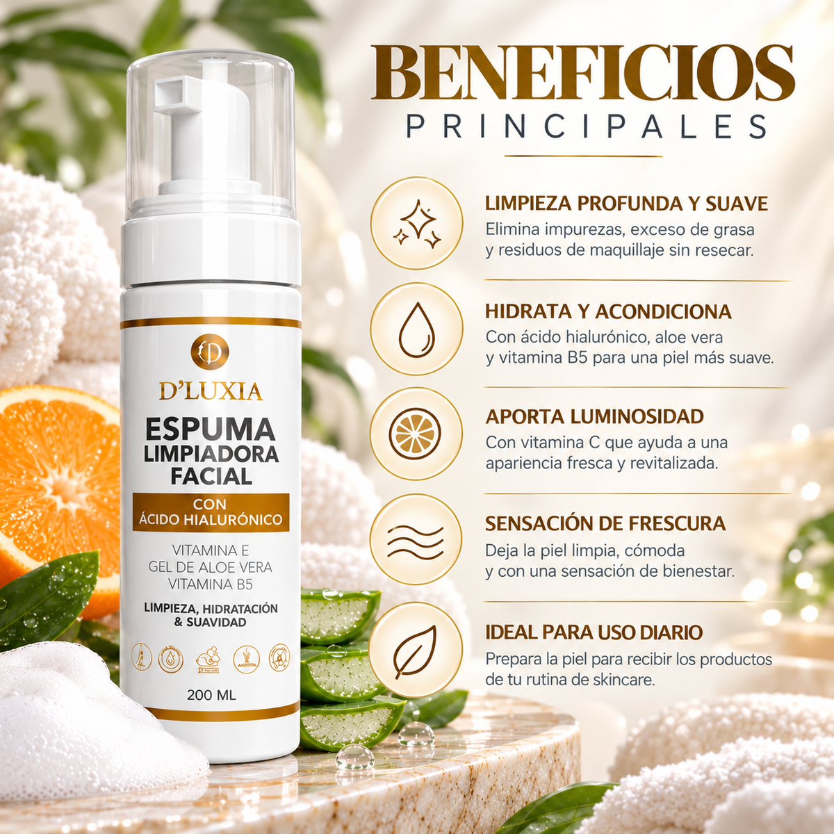 D'LUXIA, Espuma Limpiadora Facial con Vitamina C, Ácido Hialurónico y Elastina, Limpieza Profunda y Suave, 200 ml