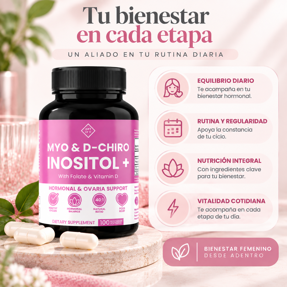 Optify, Myo & D-Chiro Inositol Plus, Suplemento Alimenticio para el Balance Hormonal y Salud Ovárica, 120 Cápsulas
