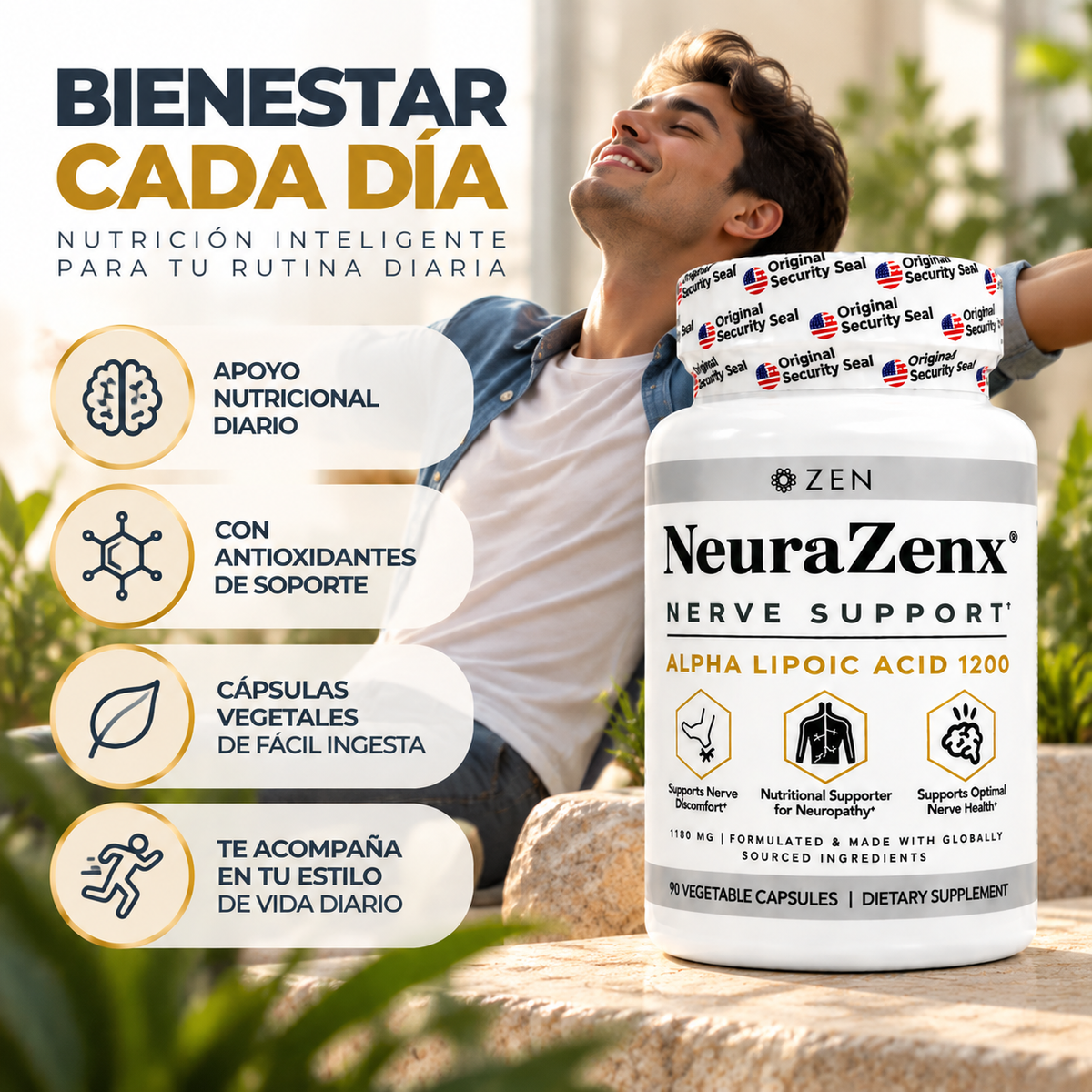 NeuraZenx, Nerve Support Alpha Lipoic Acid 1200, Suplemento Alimenticio de Apoyo Neurológico, 90 Cápsulas Vegetales