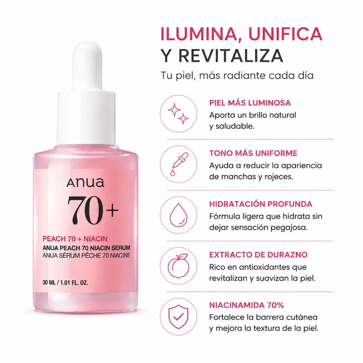 Anua Peach 70% Niacinamide Serum 30ml Serum Facial Iluminador Zivanne