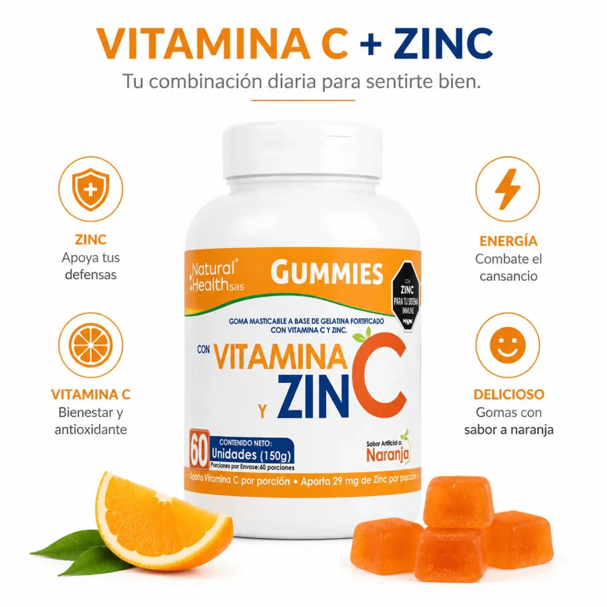 NH Gummies Vitamina C y Zinc Naranja 60 Gomitas Zivanne