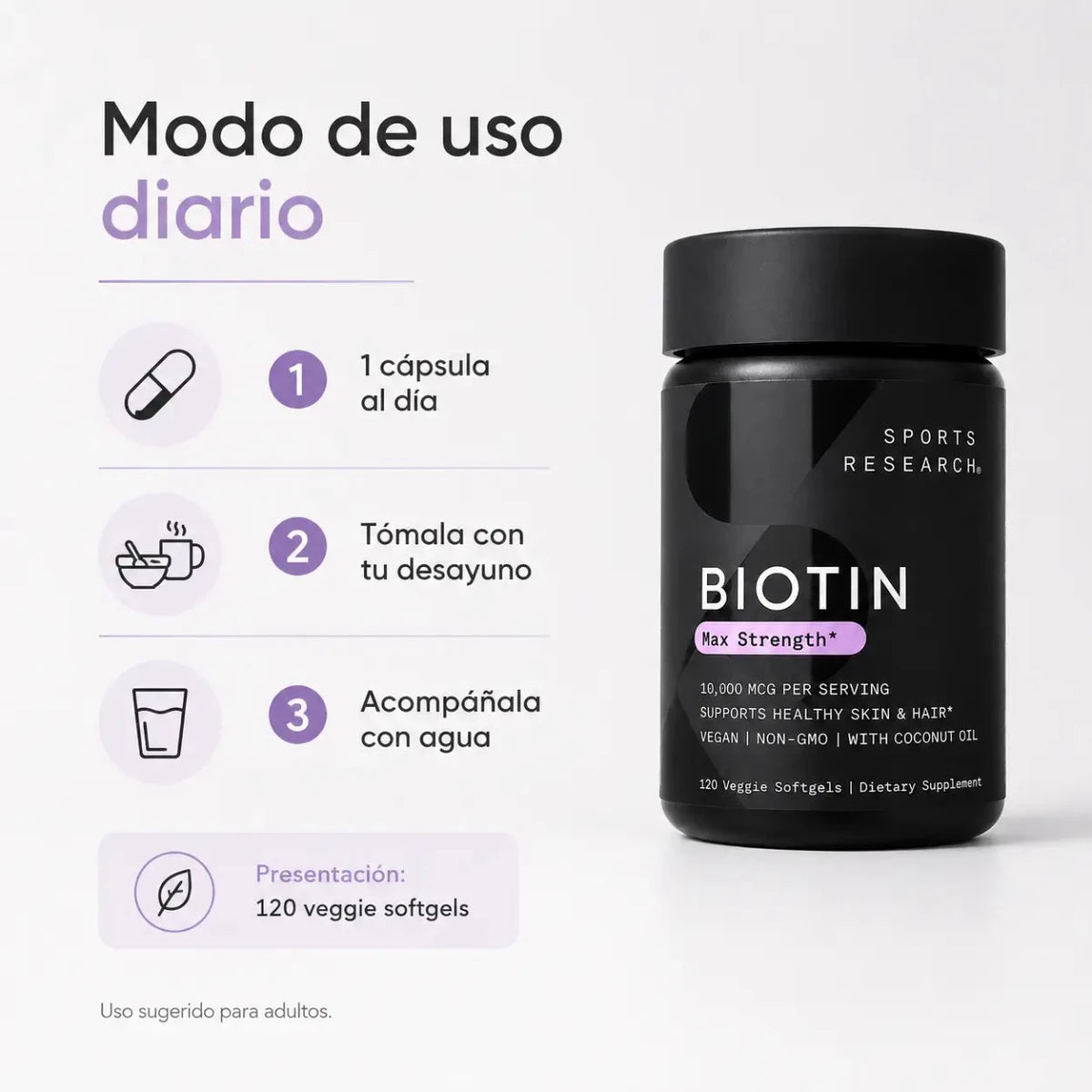 Sports Research Biotin 10.000 mcg con Aceite de Coco 120 cápsulas Zivanne
