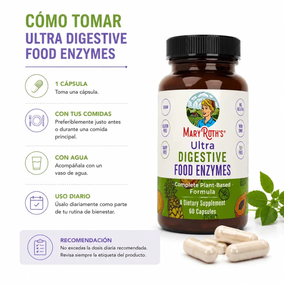 MaryRuths Ultra Digestive Food Enzymes 60 Capsulas Soporte Enzimatico Zivanne