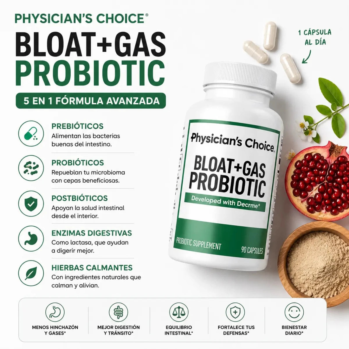 Physicians Choice Bloat + Gas Probiotic Probioticos y Enzimas Digestivas Zivanne