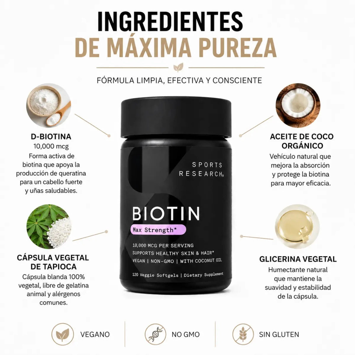 Sports Research Biotin 10.000 mcg con Aceite de Coco 120 cápsulas Zivanne