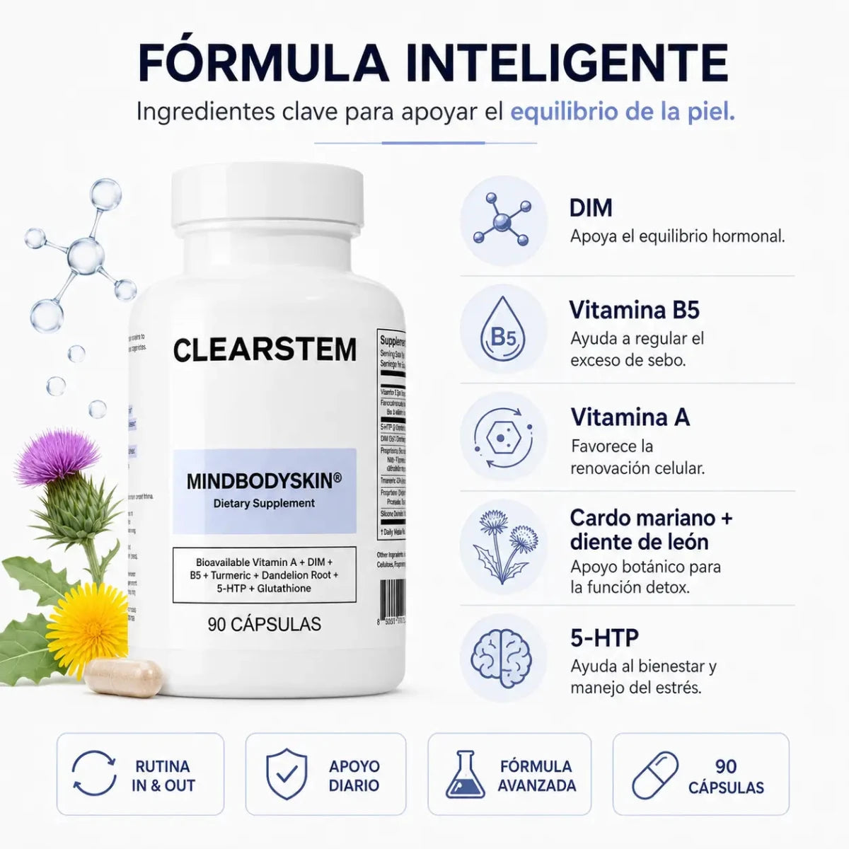 CLEARSTEM Mind Body Skin Suplemento Nutricional para Bienestar de la Piel Zivanne