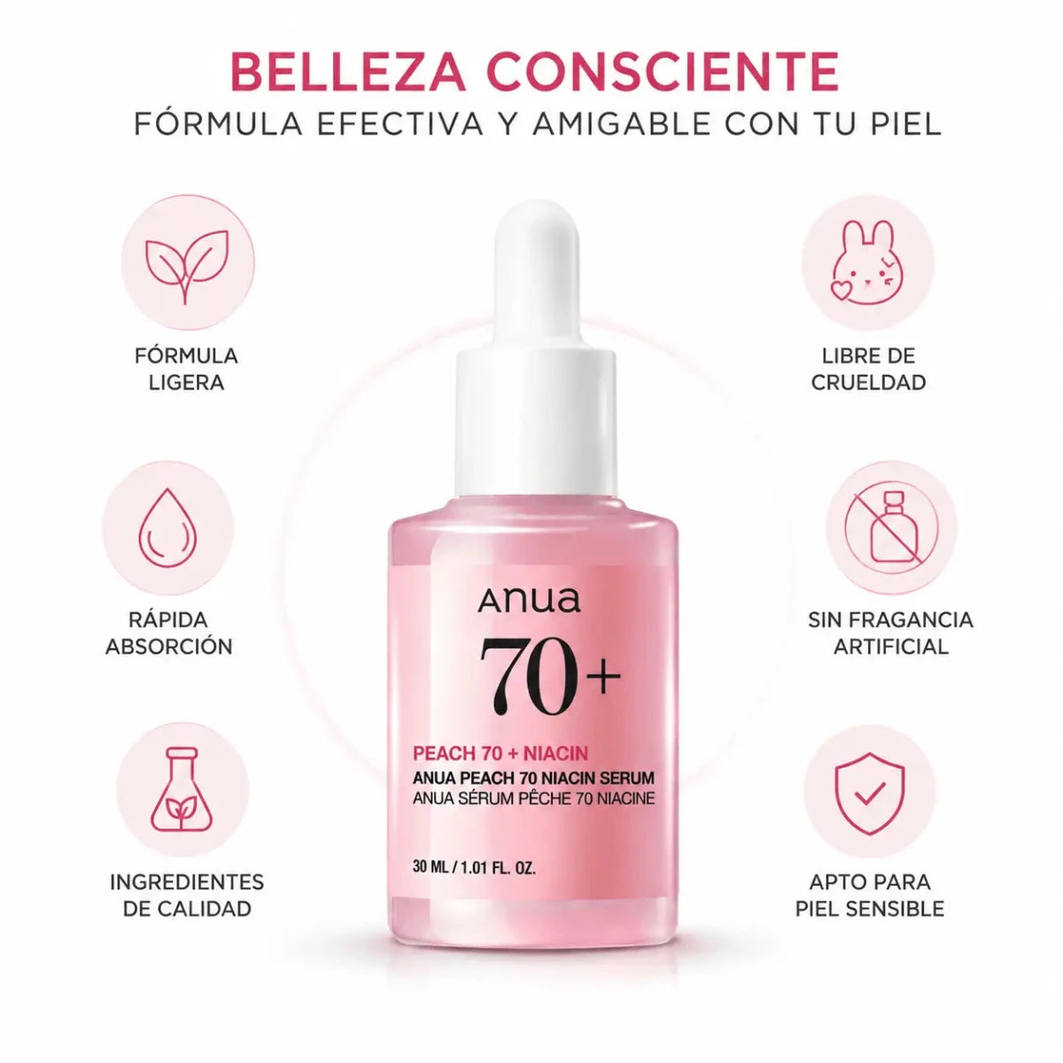 Anua Peach 70% Niacinamide Serum (30ml) – Sérum Facial Iluminador - Zivanne