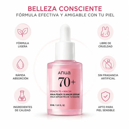 Anua Peach 70% Niacinamide Serum (30ml) – Sérum Facial Iluminador - Zivanne