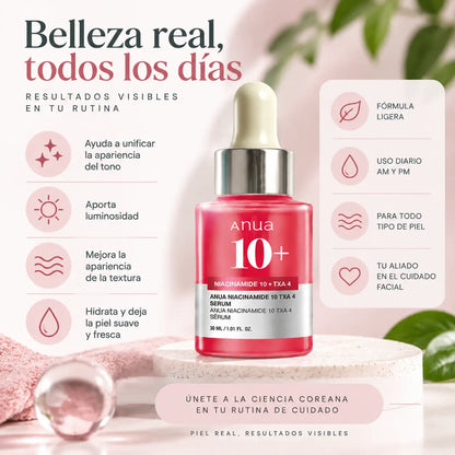 Anua, Niacinamide 10% + TXA 4% Serum, Sérum Facial Unificador e Iluminador, 30 ml