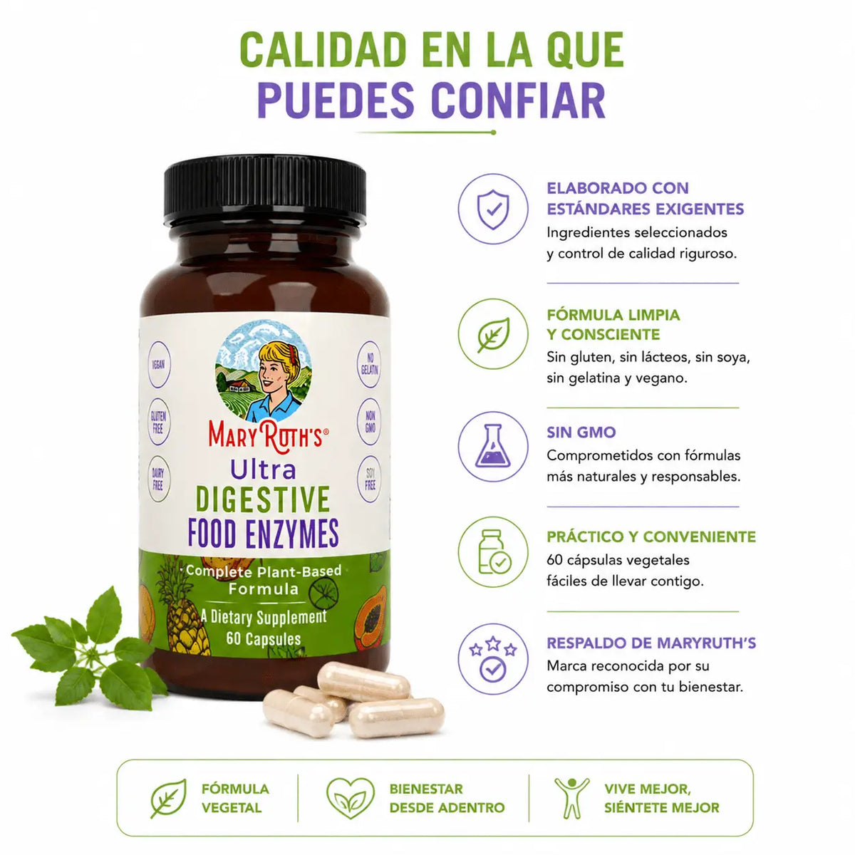 MaryRuths Ultra Digestive Food Enzymes 60 Capsulas Soporte Enzimatico Zivanne