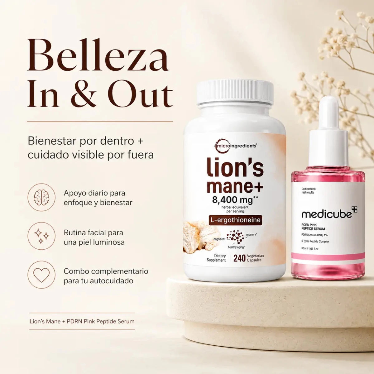 Kit Lion's Mane Microingredients y Medicube PDRN Pink Peptide Serum Zivanne