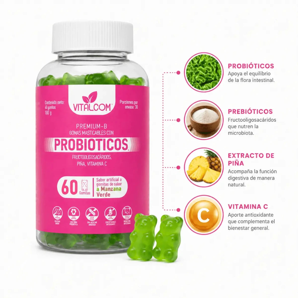 Vitalcom Probioticos + Prebioticos 60 Gomitas Manzana Verde Zivanne