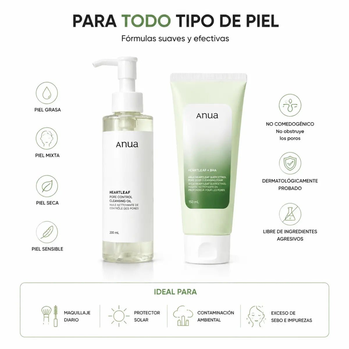 Kit de Doble Limpieza Coreana Anua: Aceite Limpiador 200ml + Espuma Limpiadora 150ml - Zivanne