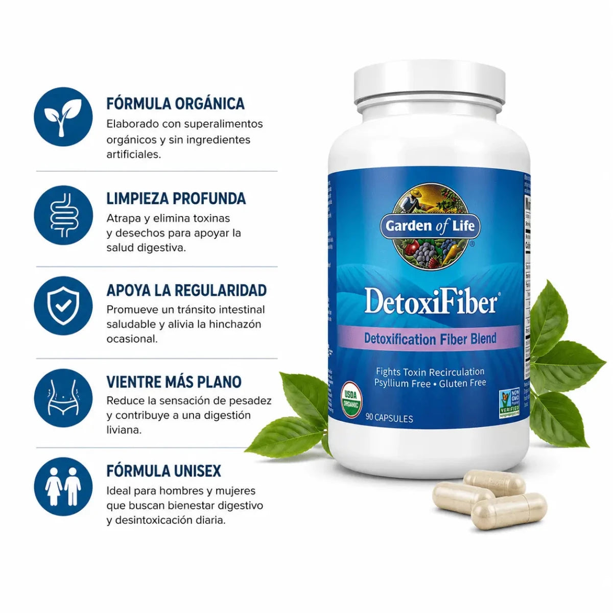 Garden of Life DetoxiFiber 90 Capsulas Fibra Organica Digestiva Zivanne