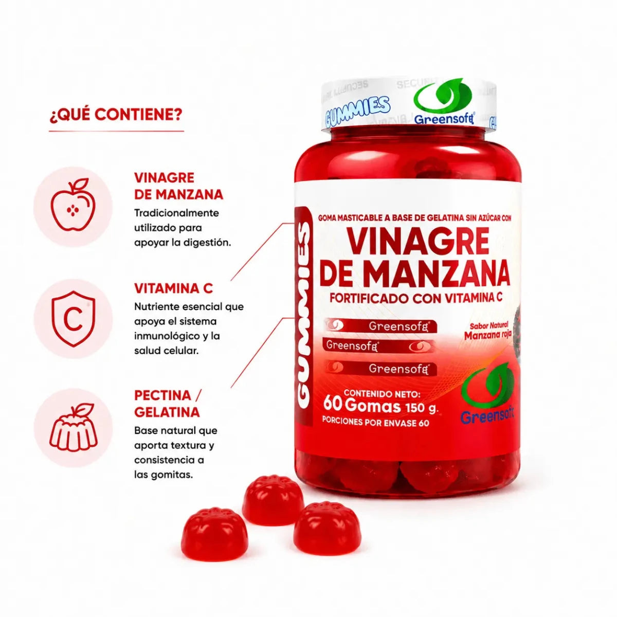 GreenSoft Gummies Vinagre de Manzana con Vitamina C 60 Gomitas Zivanne