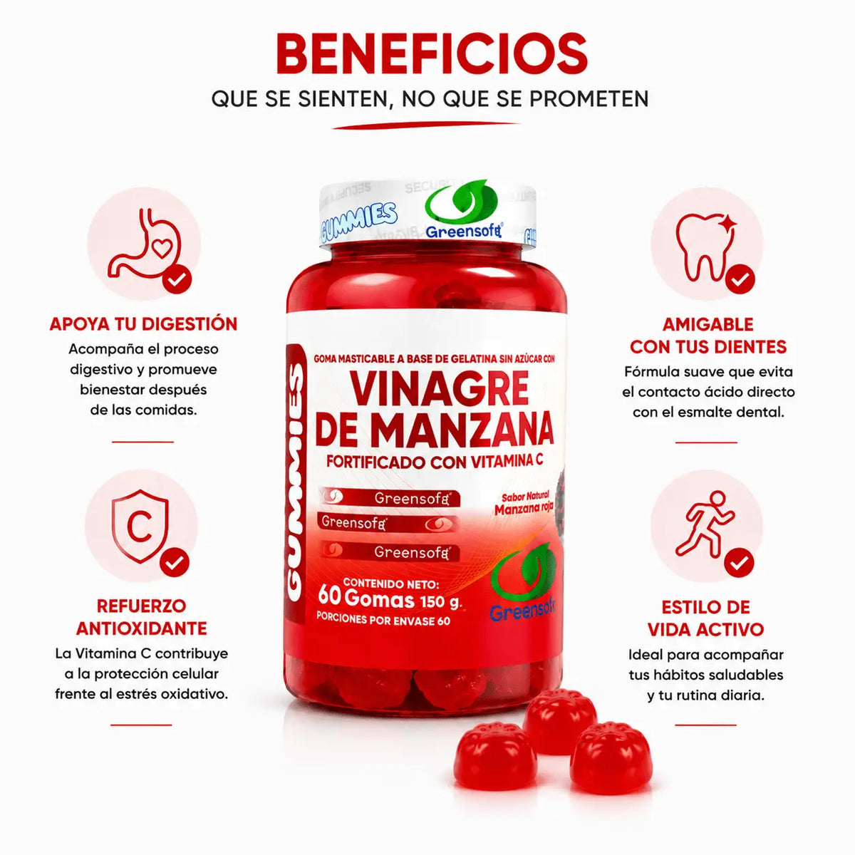 GreenSoft Gummies Vinagre de Manzana con Vitamina C 60 Gomitas Zivanne