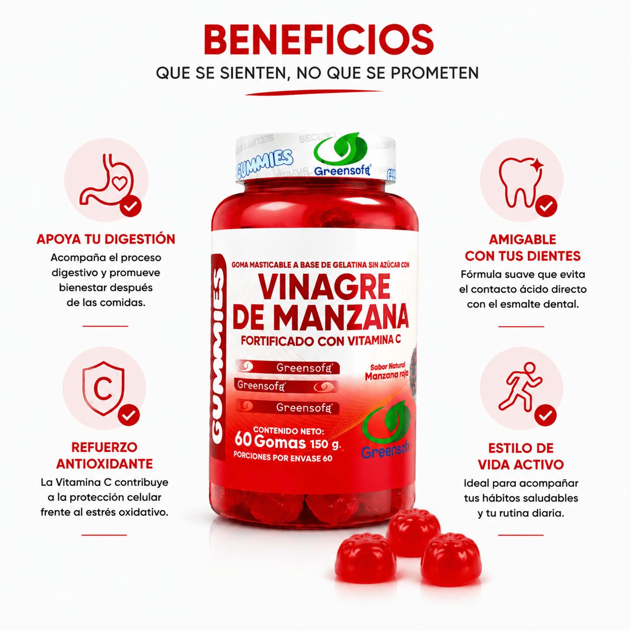 GreenSoft Gummies Vinagre de Manzana con Vitamina C 60 Gomitas Zivanne