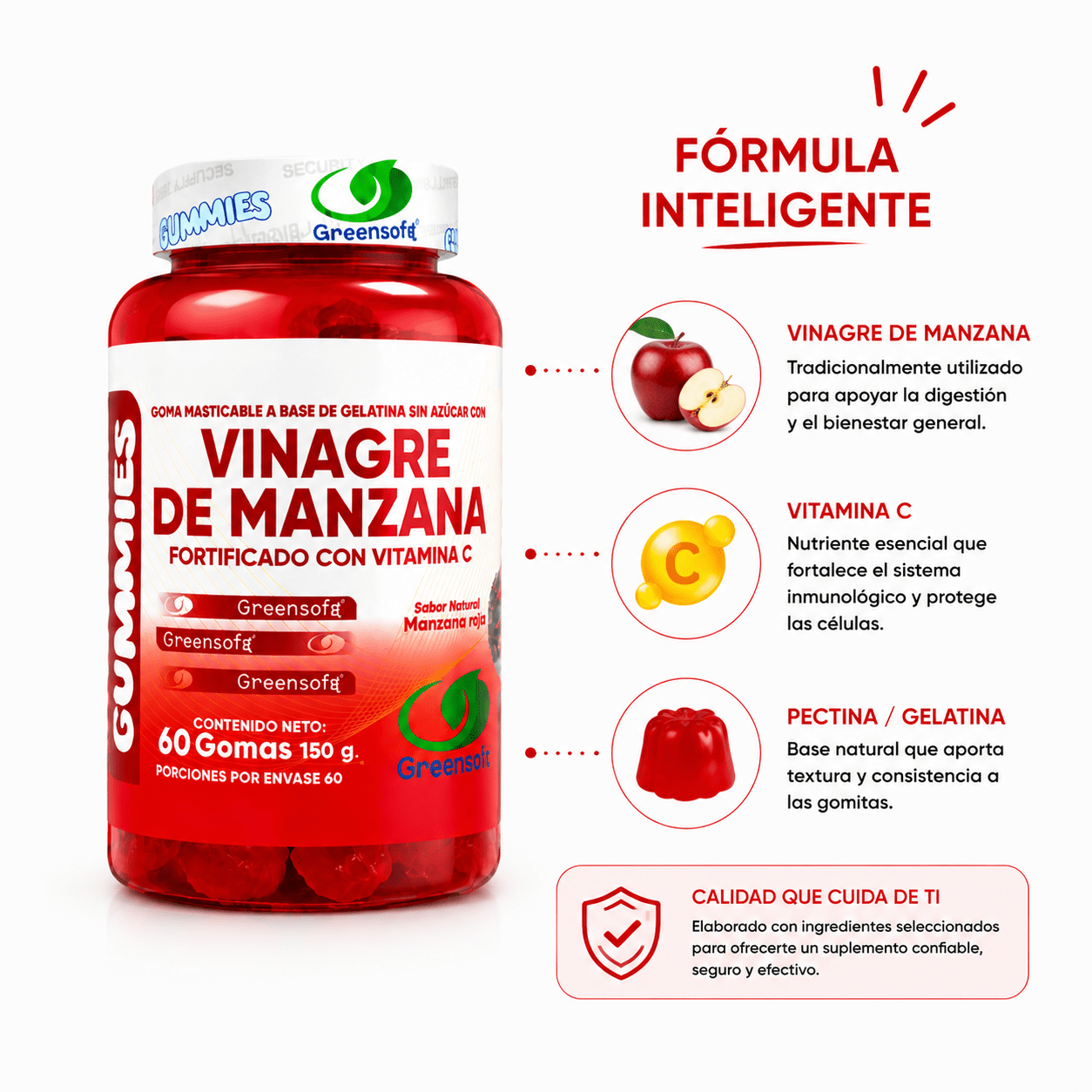 GreenSoft Gummies Vinagre de Manzana con Vitamina C 60 Gomitas Zivanne