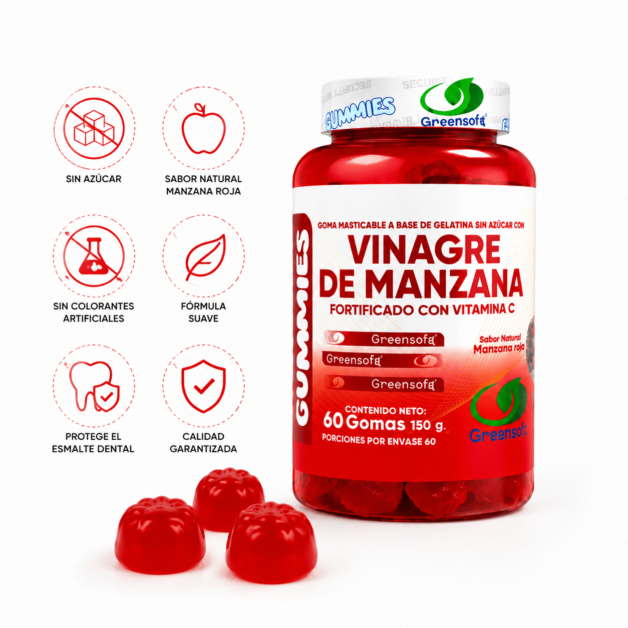 GreenSoft Gummies Vinagre de Manzana con Vitamina C 60 Gomitas Zivanne