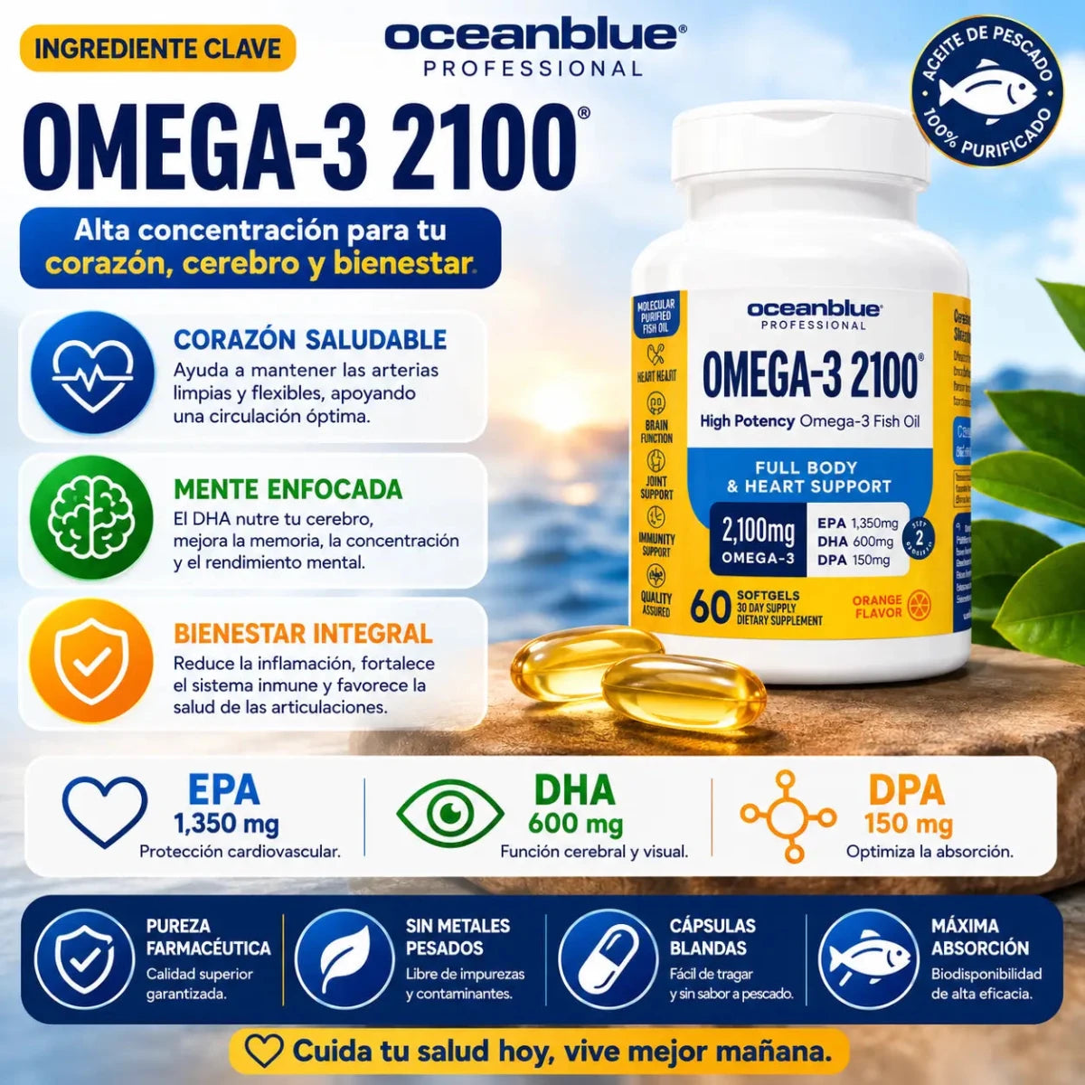 Omega-3 OceanBlue 2100 60 Cápsulas Blandas suplemento dietario Zivanne
